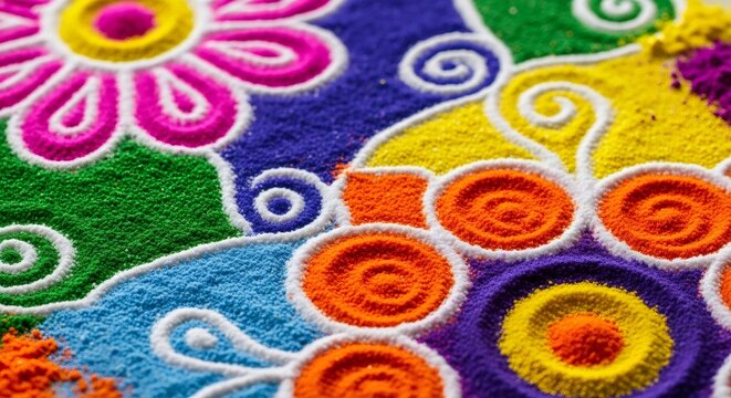 Rangoli pattern made of bright colored powder. Indian traditional art for Diwali, Dussehra, and festive home decoration. Cultural folk design with floral motif and geometric shape.