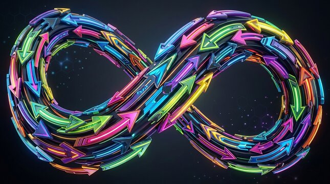 Infinity symbol made of colorful 3D arrows, endless loop of vibrant directional pointers, concept of continuous growth and circular motion