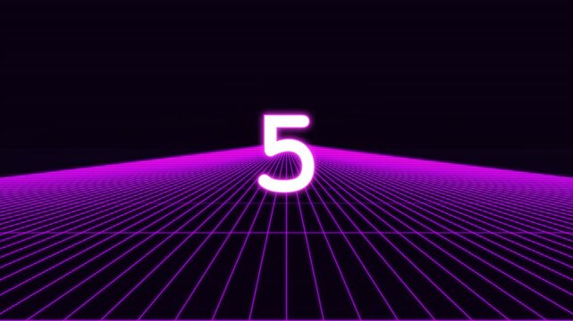Retro countdown timer from 10 to 0 with glowing neon numbers over a purple synthwave grid