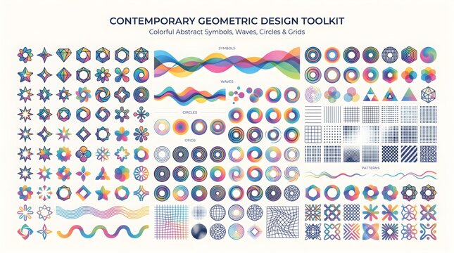 Geometric design elements, contemporary toolkit, colorful shapes, icons and patterns