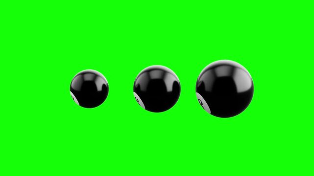 3 Pulsing Pool 8 Balls, Loading Loop Animation. Green Screen Chroma Key, Black and White Background