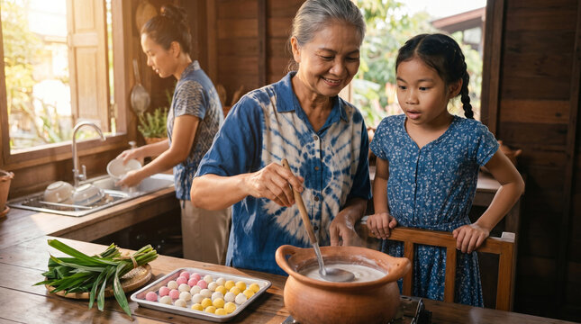 Thai multigenerational family making bua loy dessert together