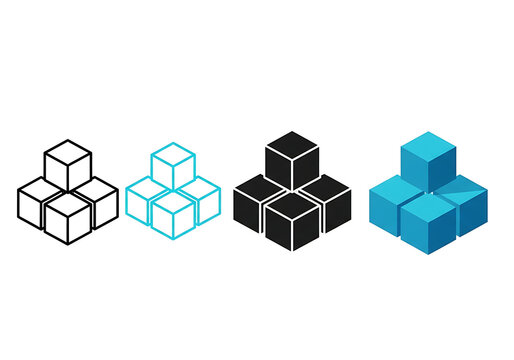 Set of four simple cube shapes in different styles including outline thin line solid 3D blue with three dimensional geometric isometric abstract structure minimalist