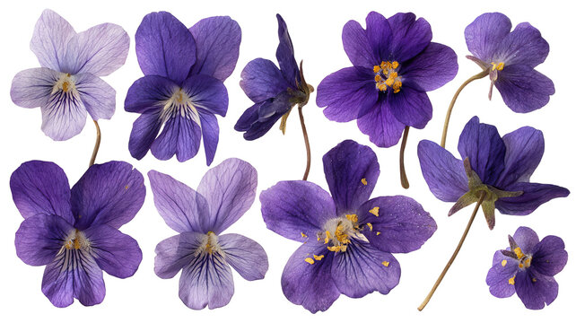 Pressed violet flower collection, purple botanical specimens, flat lay arrangement, transparent background