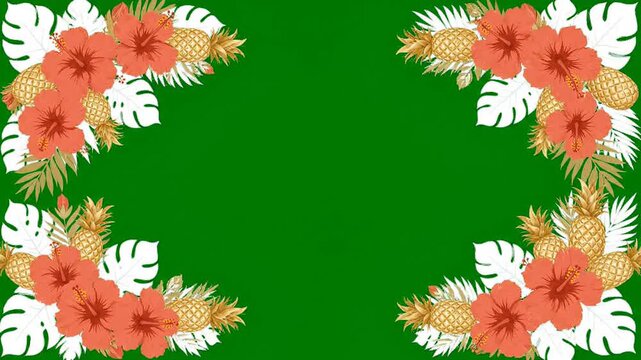 Tropical floral border frame with orange hibiscus flowers and golden pineapple motifs on a dark green background for summer event invitation and social media design