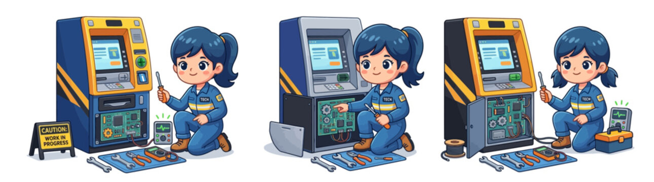 Cartoon Technician Girl Repairing ATM Machine with Tools and Circuit Board