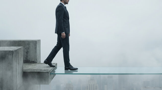 Businessman stepping onto a transparent glass bridge over a misty void, representing corporate trust and strategic risk management.