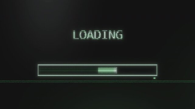 Glowing LOADING progress bar filling toward completion with scrolling hex data on dark screen, sleek tech intro for app launches and digital marketing videos