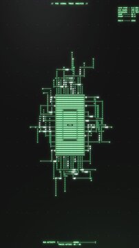 Vertical PCB chip diagram with branching circuit traces and performance readout on a dotted grid, terminal aesthetic for tech promos and mobile content