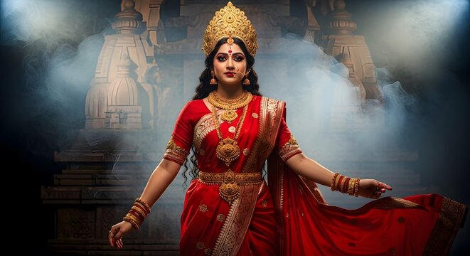 Majestic Indian Woman as Hindu Goddess Wearing Traditional Red Silk Saree