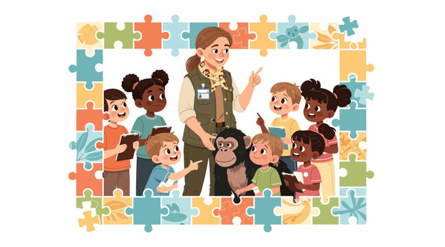 Diverse kids with zookeeper and monkey