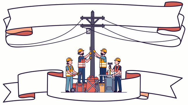 electricians working on power pole with tools