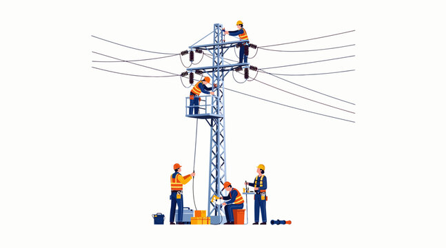 Electricians working on power pole, fixing electrical lines, teamwork, energy infrastructure