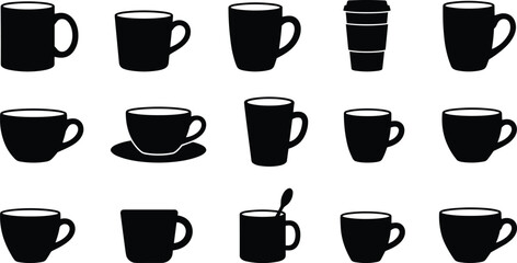 Fototapeta premium Coffee mug and teacup collection hot beverage kitchenware disposable cafe cup black silhouettes isolated icons set vector