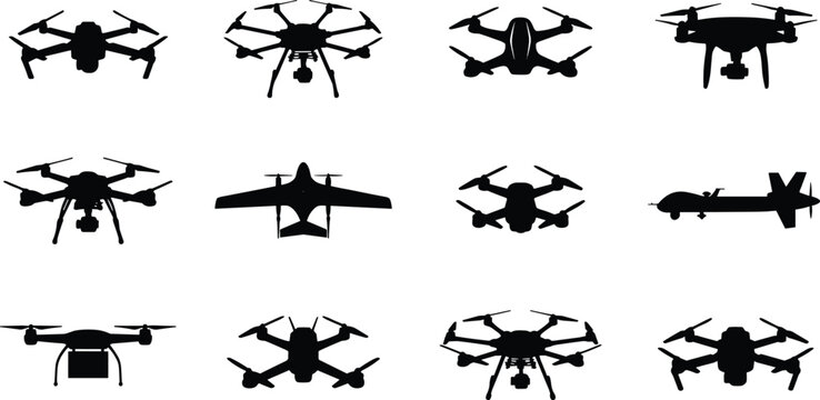 Drone and UAV collection quadcopter multicopter military drone remote control aircraft technology black silhouettes icons set vector