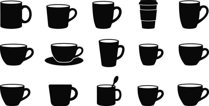 Coffee mug and teacup collection hot beverage kitchenware disposable cafe cup black silhouettes isolated icons set vector