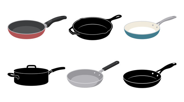 Professional vector collection featuring different frying pan designs, nonstick frying pan, cast iron skillet, ceramic frying pan, deep saut&eacute; pan, aluminum frying pan, premium cooking skillet