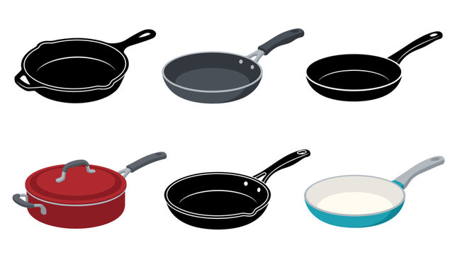 Professional vector collection featuring different frying pan designs, nonstick frying pan, cast iron skillet, ceramic frying pan, deep saut&eacute; pan, aluminum frying pan, premium cooking skillet