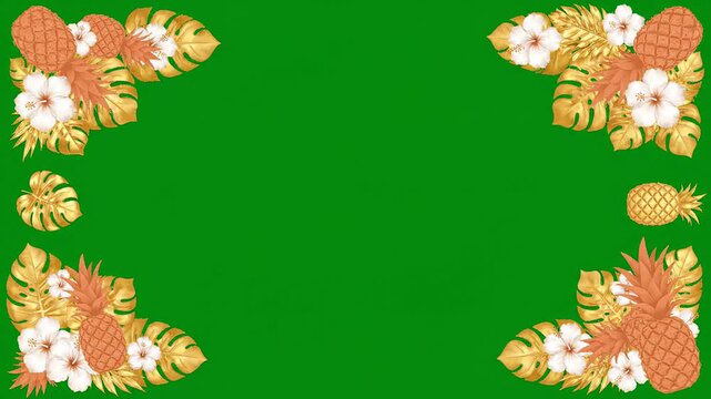 Tropical pineapple hibiscus floral frame on green background for summer video motion overlay with golden monstera leaves and botanical elements for seasonal design