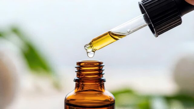 Essential oil dropper releasing oil into amber glass bottle  