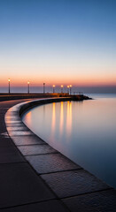 Fototapeta premium Serene coastal promenade at dusk with gas lamps reflecting on calm water, symbolizing tranquility, journey, and evening peace