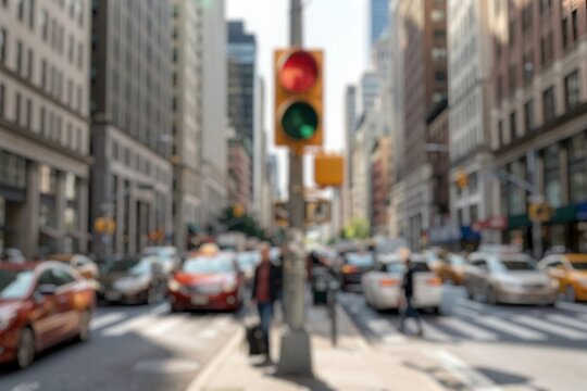 Defocused red traffic signal on busy downtown road.