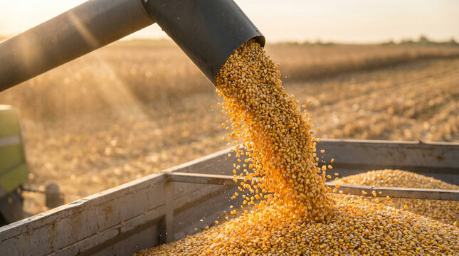 Harvest rush with grain flowing into trailer during collection