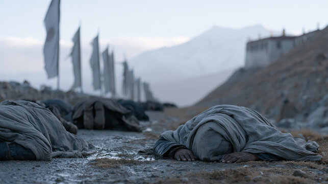 Tibetan pilgrims crawling in full prostration along a rain-soaked mountain road toward a distant monastery, prayer flags snapping in the wind above them, their worn clothing muddy