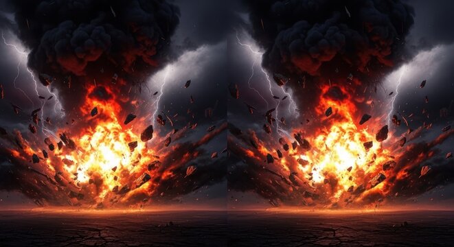 Dramatic Fiery Explosion with Dark Clouds.