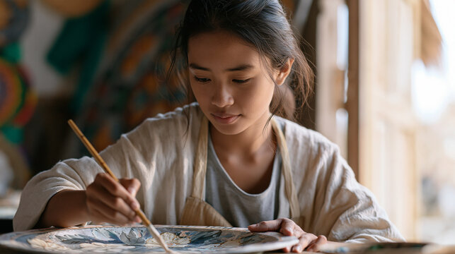 Filipino folk artist in a rural workshop painting tole flowers onto a decorative tin tray using traditional patterns, her brush loaded with thick paint as she replicates a
