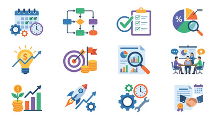Fototapeta premium Industrial Set Showcasing Business Strategy Planning Finance Growth and Team Collaboration with Colorful Icons