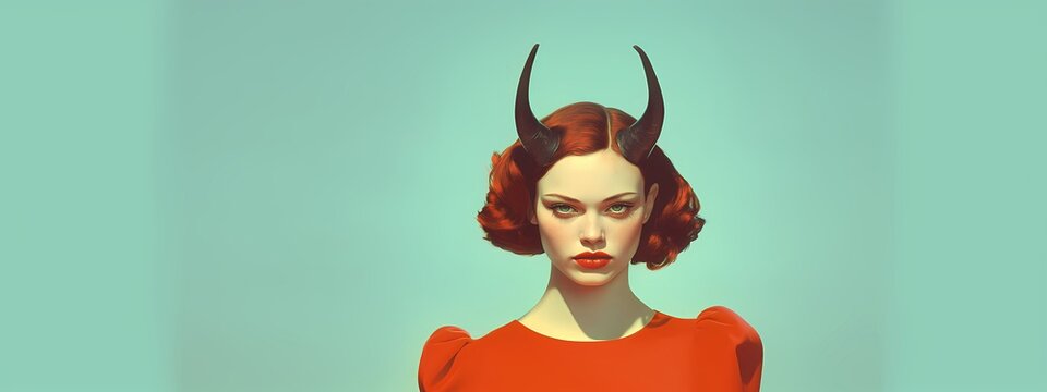 Woman with red hair wearing devil horns representing a demoness in a vintage style poster. Fashion portrait for Halloween concept. Banner with copy space