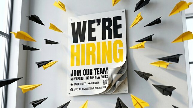 We're Hiring recruitment poster on office wall, yellow and black paper planes for job search concept, creative hiring campaign for new roles