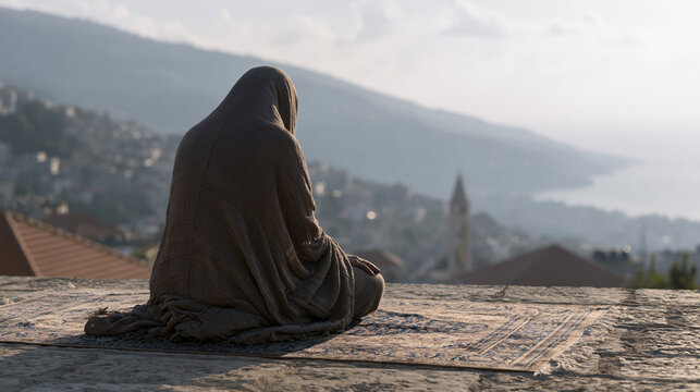 Lebanese woman performing the Fajr dawn prayer on a rooftop overlooking terracotta rooftops and misty hills, prayer mat rolled out precisely, forehead touching the ground, the