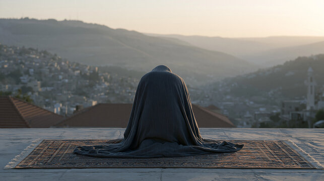 Lebanese woman performing the Fajr dawn prayer on a rooftop overlooking terracotta rooftops and misty hills, prayer mat rolled out precisely, forehead touching the ground, the