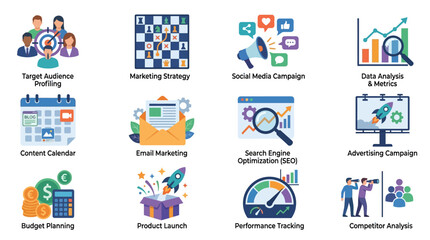 Fototapeta premium Creative Digital Marketing Strategy Infographic Featuring Colorful Icons for Audience Profiling Campaigns SEO and Analytics