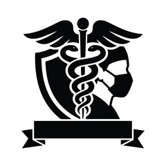 Medical shield with caduceus and masked professional silhouette vector illustration art.