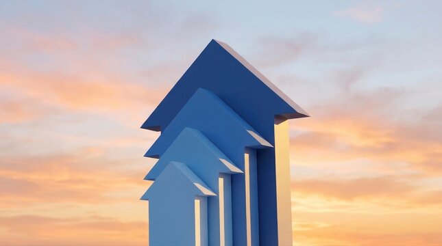 Blue arrows pointing up against sunset sky