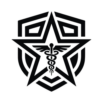 Medical shield with caduceus and star design vector illustration isolated line art symbol.