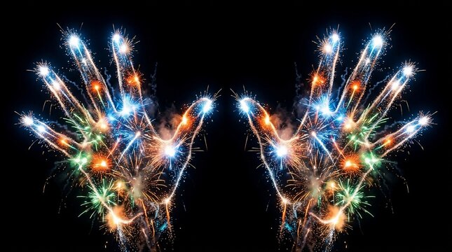 Glowing sparkler hands silhouette on black background, magical light trail energy palms, festive fireworks hand art for celebration and magic