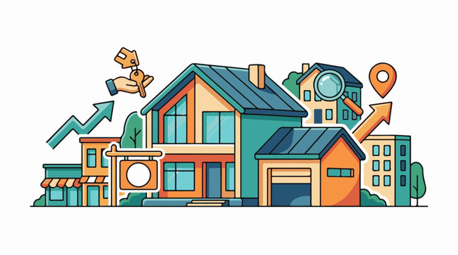 Colorful cartoon houses keys and growth arrows depict real estate