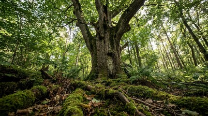 Fototapeta premium Ancient oak tree in a lush green forest