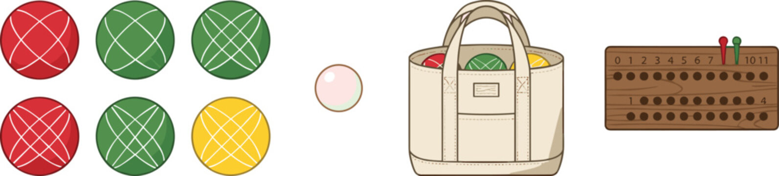 Bocce ball game vector illustration set with colorful bocce balls pallino target ball canvas tote carrying bag and wooden scoreboard isolated on white background