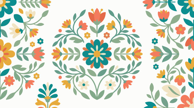 Colorful folk art floral pattern with symmetrical mandala