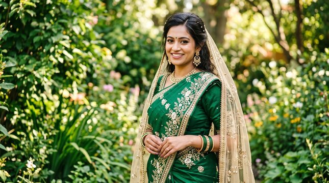 Indian woman, green sari, traditional dress, garden portrait, cultural attire