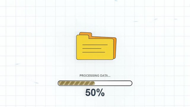 Data processing progress bar and file folder on white grid