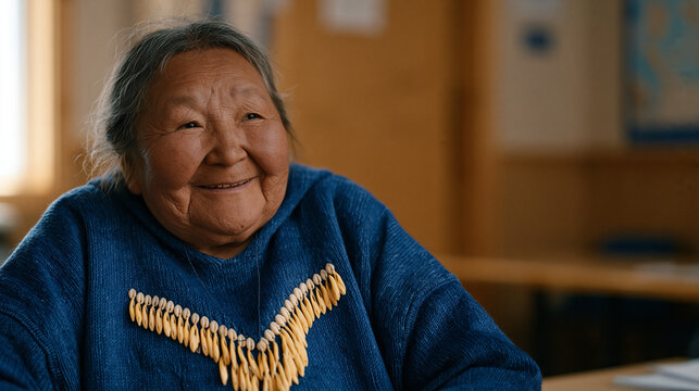 Inuit community elder being interviewed by a social worker in a community center, cultural assimilation pressure, indigenous identity, government integration program, generational