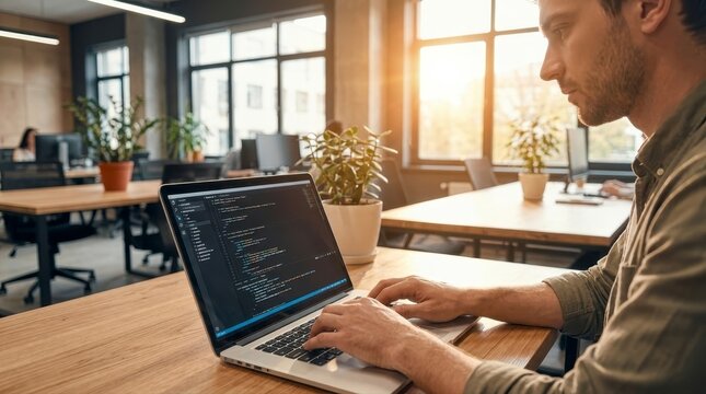 Software developer coding on laptop in modern office