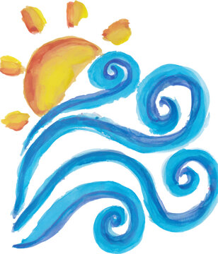 Sun and Swirling Ocean Waves Watercolor Illustration