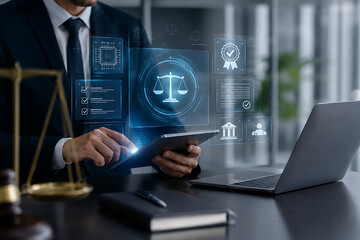 Fototapeta premium Lawyer using tablet with holographic legal technology interface, justice scale, AI chip, checklist, compliance badge and digital governance icons in modern law office workspace concept.